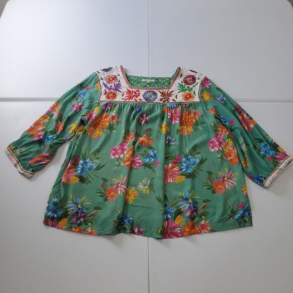 John Mark Tunic Blouse Womens 2X Green Floral Embroidered Boho Top 3/4 Sleeve - Picture 1 of 9